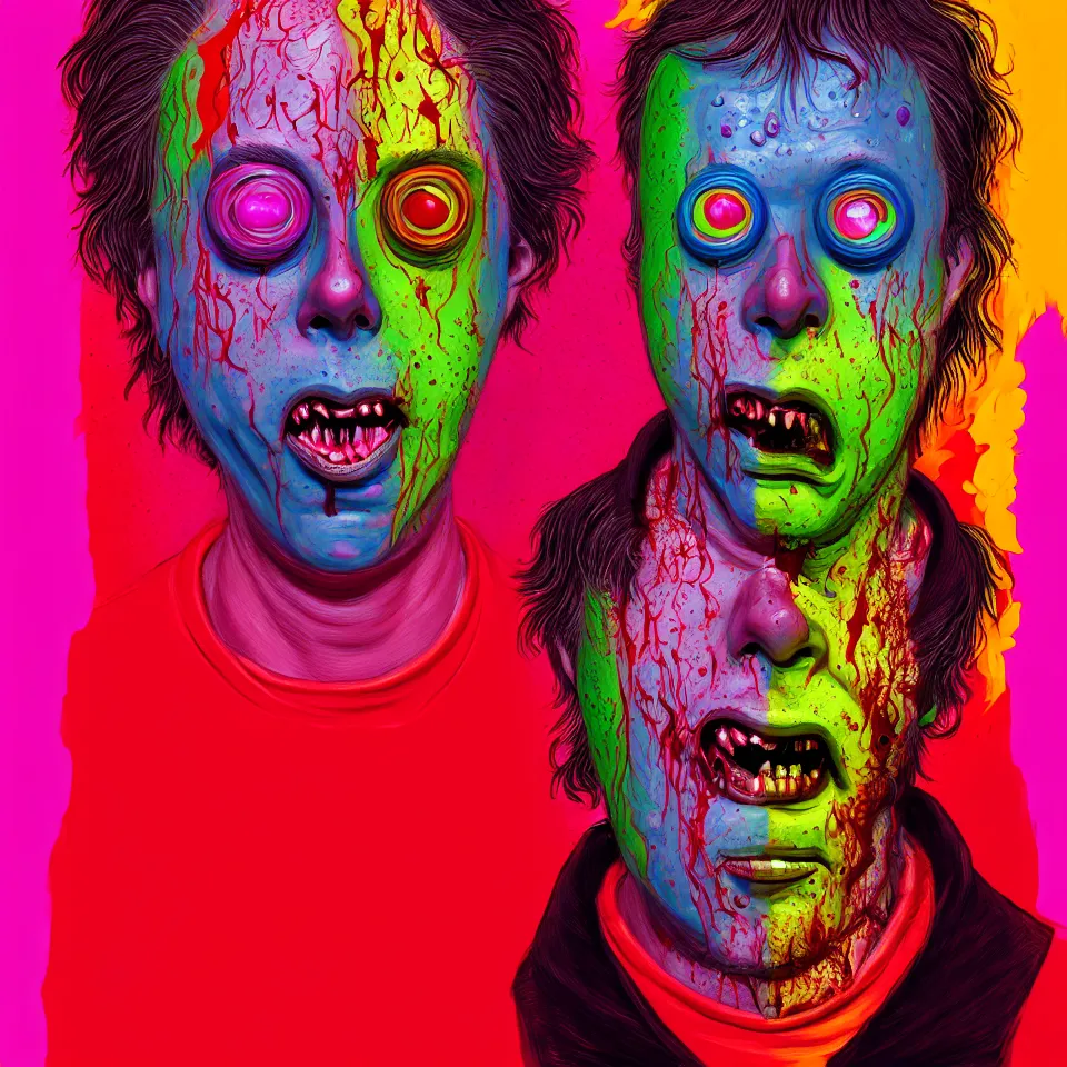 Prompt: bright psychedelic todd solondz eating rotten flesh, crying tears of blood and puking, diffuse lighting, fantasy, intricate, elegant, highly detailed, lifelike, photorealistic, digital painting, artstation, illustration, concept art, smooth, sharp focus, art by francis bacon