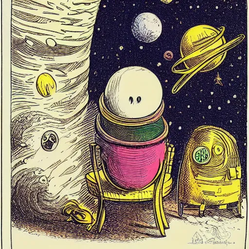 Image similar to Liminal space in outer space by John Tenniel, colorized