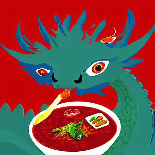 Image similar to Dragon eating russian borsch soup on the Red Square, digital art