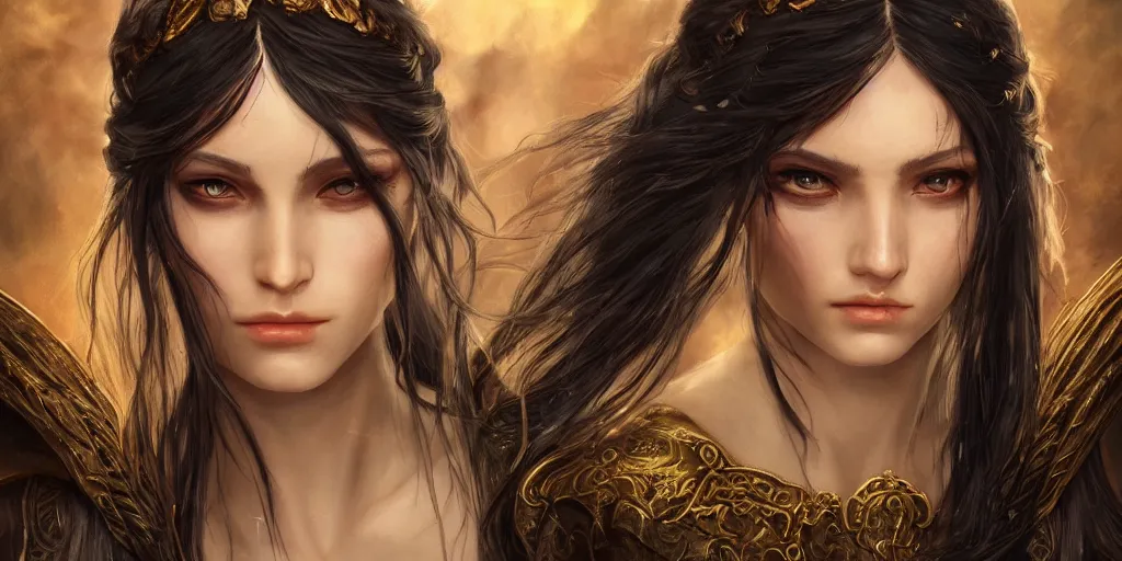 Image similar to a young beautiful priestess with long black hairweaving golden strings of magic, barroque painting, ultra realistic. cinematic, dynamic. magic the gathering style. epic fantasy, insanely detailed, 4k, symmetrical face, rpg character reference. gourgeous.