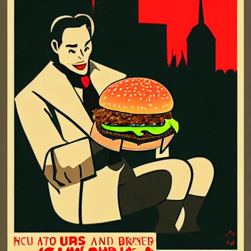 Image similar to old poster of a vampire holding a big meaty burger