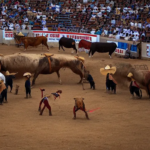 Prompt: by neil welliver, by martin deschambault navajo bleak. a photograph of a bullfight in spain. the photograph is set in an arena with spectators in the stands. several figures in the photograph, including a matador & a bull.