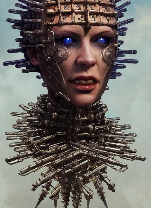 Image similar to A portrait of a female cyborg hellraiser in armour heellraiser by Greg Rutkowski, Sung Choi, Mitchell Mohrhauser, Maciej Kuciara, Johnson Ting, Maxim Verehin, Peter Konig, final fantasy, 8k photorealistic, cinematic lighting, HD, high details, dramatic, atmospheric , trending on artstation