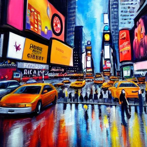 Image similar to Times Square New York painting, surreal