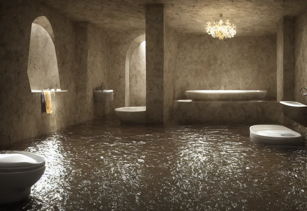 Image similar to kodak portra 4 0 0 photographic and realistic, interior of a bathroom in style of cave, detailed, octane render, unreal engine, 4 k, artstation, hyper realistic, wide angle, floor flooded, how a river, objects that float, 3 5 mm, sharp focus, soft light, volumetric light, in the style of gregory crewdson