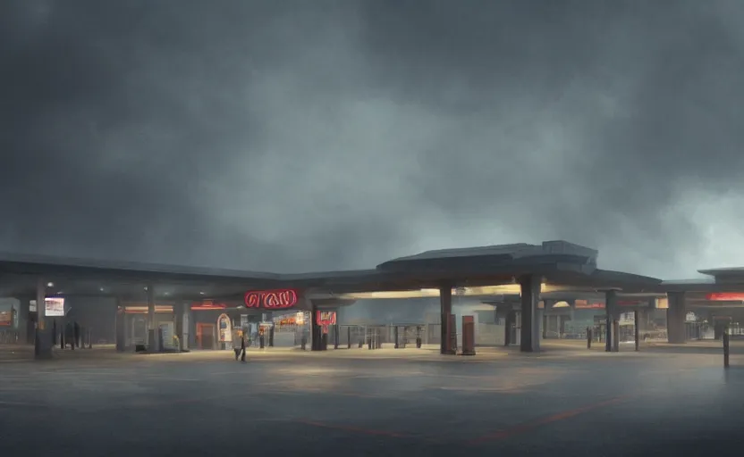 Prompt: a strange exterior of the port byron travel plaza in upstate new york, moody scene directed by charlie kaufman ( 2 0 0 1 ) anamorphic lenses, foggy volumetric light morning, cinematic trending on artstation in the style of greg rutkowski