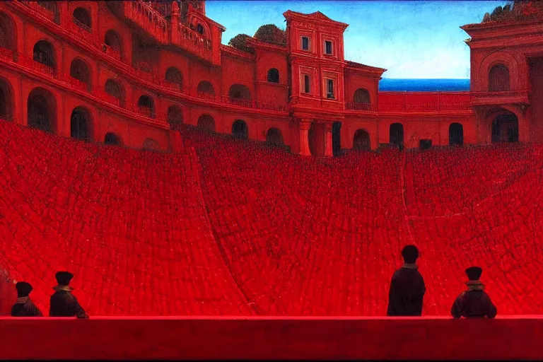 Image similar to only with red, a red great emperor, taormina amphitheatre, crowd with big smile, in the style of beksinski, parts by edward hopper, parts by rodcenko, parts by yue minjun, intricate and epic composition, red by caravaggio, insanely quality, highly detailed, masterpiece, red light, artstation, 4 k