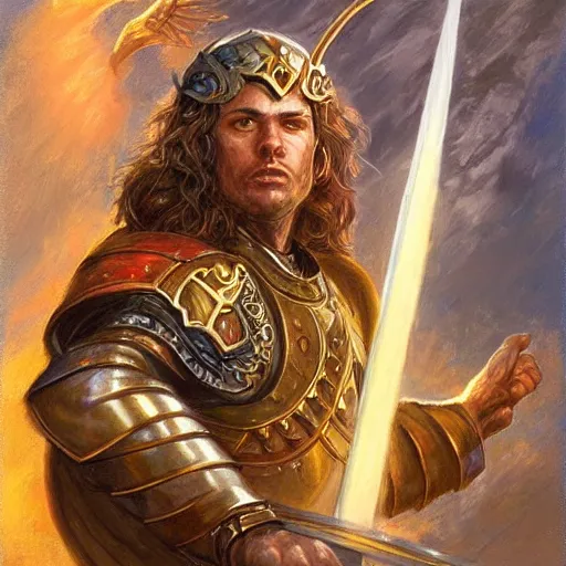 Image similar to Warrior of holy light holding his sword to the heavens as a fantasy D&D character, portrait art by Donato Giancola and James Gurney, digital art, trending on artstation