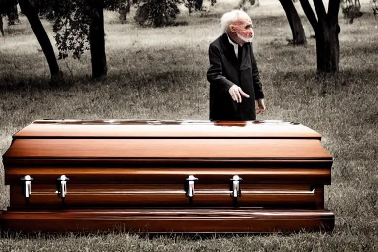 Image similar to a creepy old man playing a piano in the shape of a casket, with other caskets piled up in the back