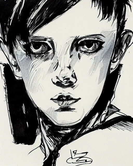 Image similar to pen sketch of worried millie bobby brown with short hair by yoji shinkawa