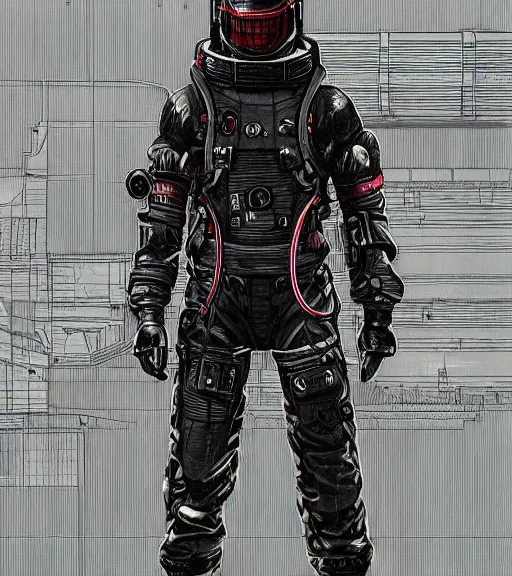 Image similar to realistic cyberpunk japanese engineer with long limbs and a black spacesuit carrying welder, techwear, dead space, visible face, Industrial Scifi, detailed illustration, character portrait, by Martin Grip and Moebius