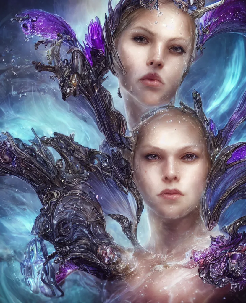 Prompt: epic smooth close-up macro portrait of the face of a beautiful princess of dead, epic angle and pose, symmetrical artwork, 3d with depth of field, blurred background, cybernetic orchid flower butterfly jellyfish crystal dragon, obsidian, female face skull phoenix bird, translucent, nautilus, energy flows of water and fire. a highly detailed epic cinematic concept art CG render. made in Maya, Blender and Photoshop, octane render, excellent composition, cinematic dystopian brutalist atmosphere, dynamic dramatic cinematic lighting, aesthetic, very inspirational, arthouse. y Greg Rutkowski, Ilya Kuvshinov, WLOP, Stanley Artgerm Lau, Ruan Jia and Fenghua Zhong