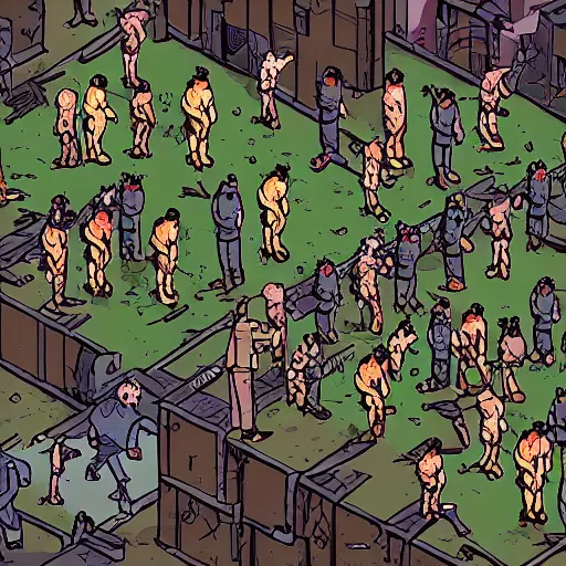 Prompt: a search and find illustration of a zombie horde and surrounded survivors of a zombie apocalypse, isometric view, digital art, illustration