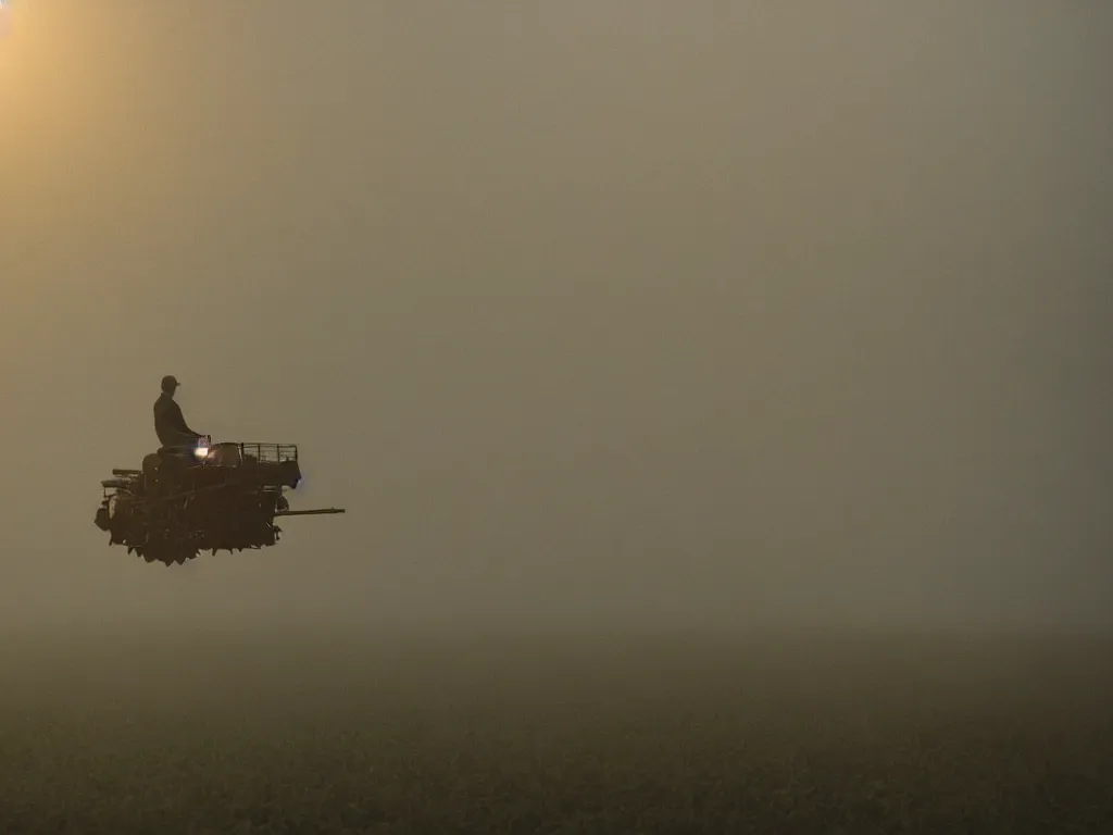 Image similar to farmer riding his flying machine to harvest crops at a vertical farm in blade runner 2 0 7 2, cinestill, denis villeneuve, atmospheric, morning light, foggy, distant, futuristic, muddy and dirty, ultra - hd, ultra - realistic