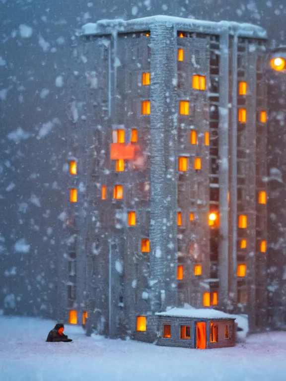 Image similar to detailed miniature diorama a soviet residential building, brutalism architecture, warm lights are on in the windows, man lies in the snow, dark night, fog, winter, blizzard, cozy and peaceful atmosphere, row of street lamps with warm orange light, several birches nearby