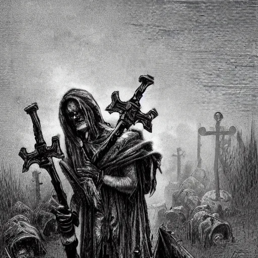 Image similar to 9 steel barrels in a graveyard, zombies, creepy atmosphere, dark, portrait, realistic, very realistic, illustration by gustave dore