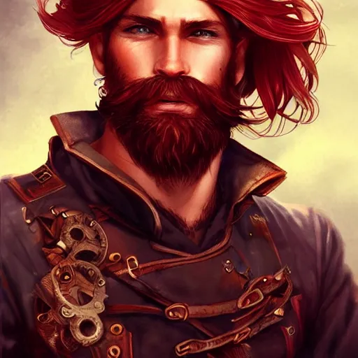 Prompt: rugged ship captain, male, handsome, red hair, long hair, handsome, fantasy, intricate, elegant, highly detailed, steampunk, digital painting, artstation, concept art, character art, smooth, sharp focus, illustration, art by artgerm