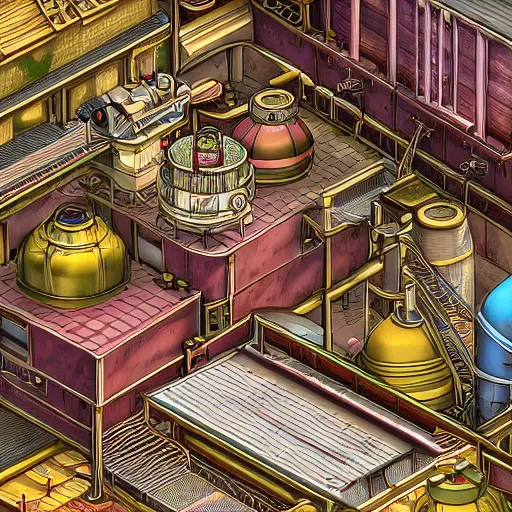 Image similar to fineline painting of an isometric steampunk strawberry jam factory, colour pallette of strawberry shortcake, incredible detail, vray render subsurface scatter drum scanner, intricate complexity, golden ratio, cartoon animation pendleton ward, karol bak, 8 k detail