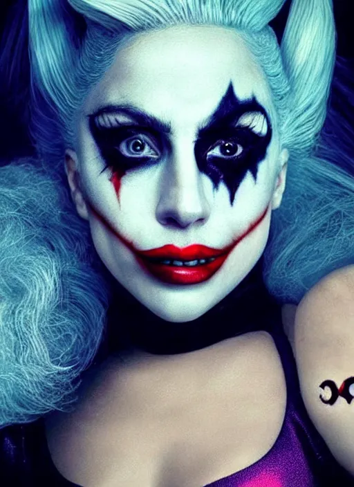 Image similar to portrait of Lady Gaga portraying a realistic Harley Quinn with little makeup in the movie Joker 2023, dramatic cinematic lighting, extremely detailed facial features, award winning photograph by Annie Leibovitz, 8k