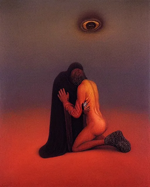 Image similar to man woman into one change and praying by beksinski, carrington, bosch, dali, barlowe, magritte