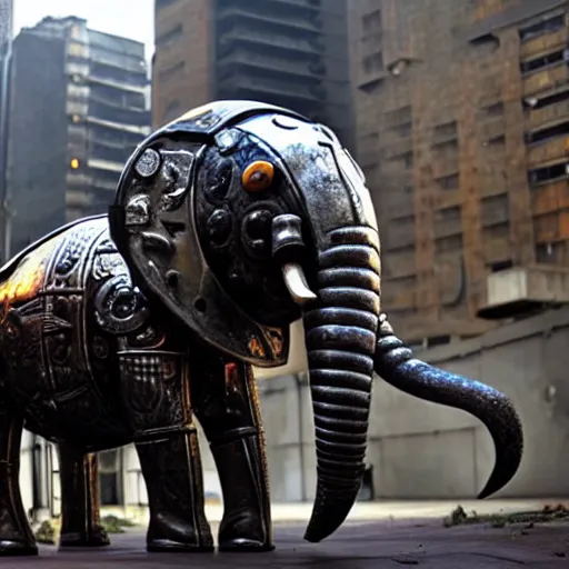 Prompt: a cyborg elephant made of metal in a large city, shiny, chrome, glowing eyes and tusks, cinematic lighting