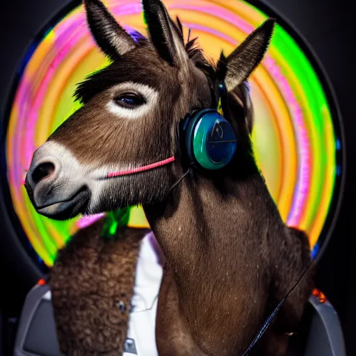 Image similar to A portrait of a DJ donkey, 8k, hyper-detailed, studio lighting