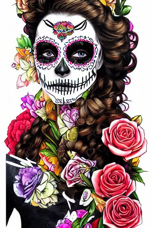 Prompt: Illustration of a sugar skull day of the dead girl, art by Sandra Chevrier