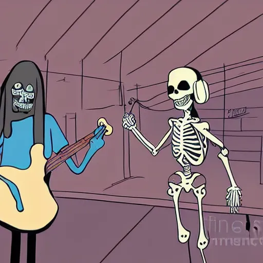 Image similar to skeleton wearing headphones watching girl playing guitar with her black cat standing next to her, digital art