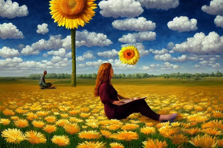 Image similar to giant daisy flower head, woman sitting, surreal, clouds in sky, impressionist painting, digital painting, artstation, rob gonsalves