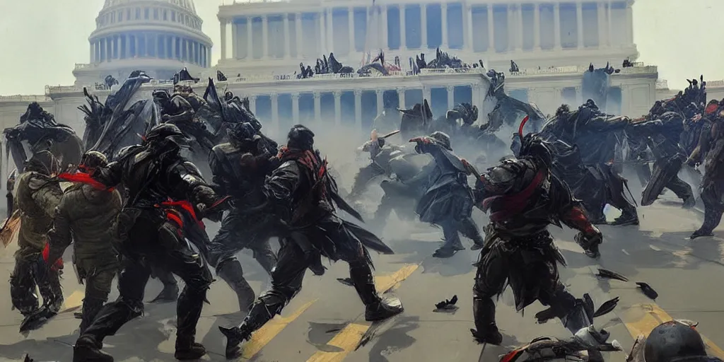 Image similar to character art by ruan jia, man rams barricade at the us capitol as capitol police descend