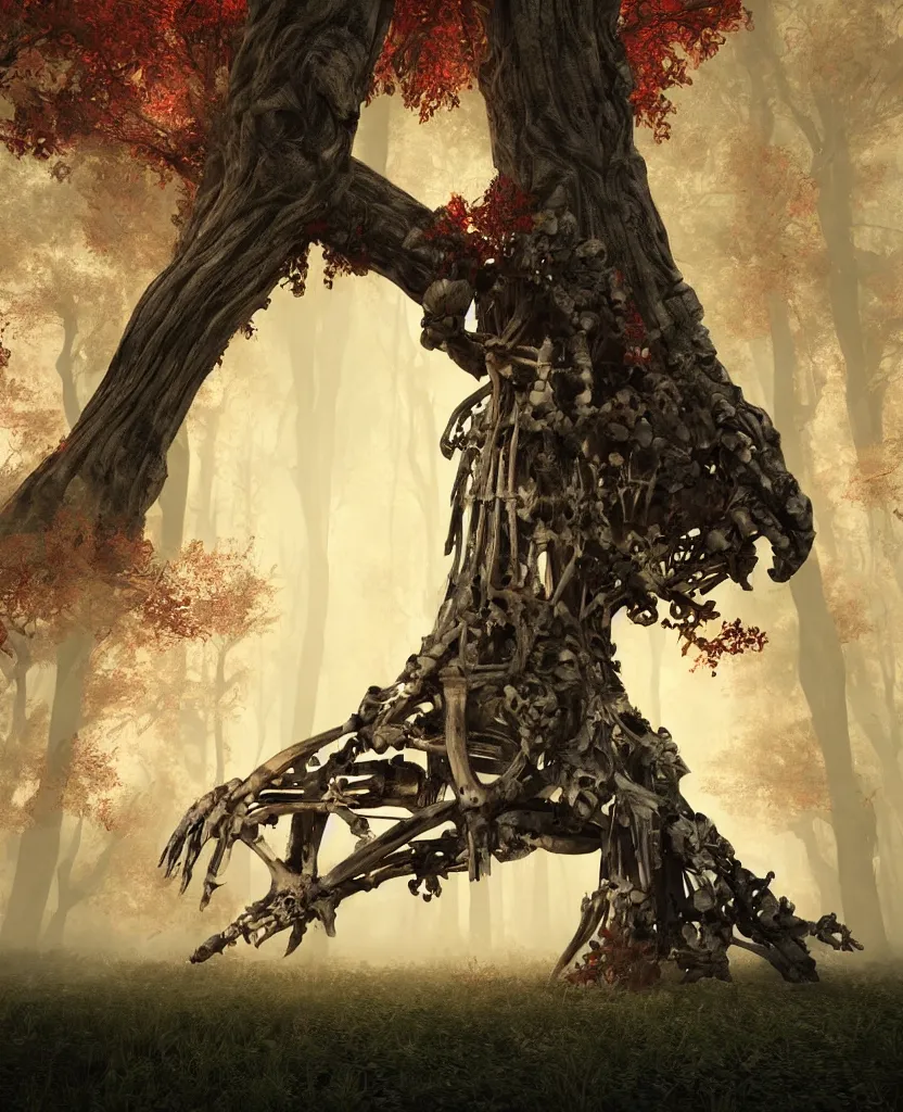 Image similar to sacred giant tree with a skeleton sleeping in the trunk, red forest, epic painting, dark concept art, octane render, extremely detailed