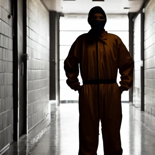 Prompt: man in jumpsuit with deformed face standing in a dimly lit hallway