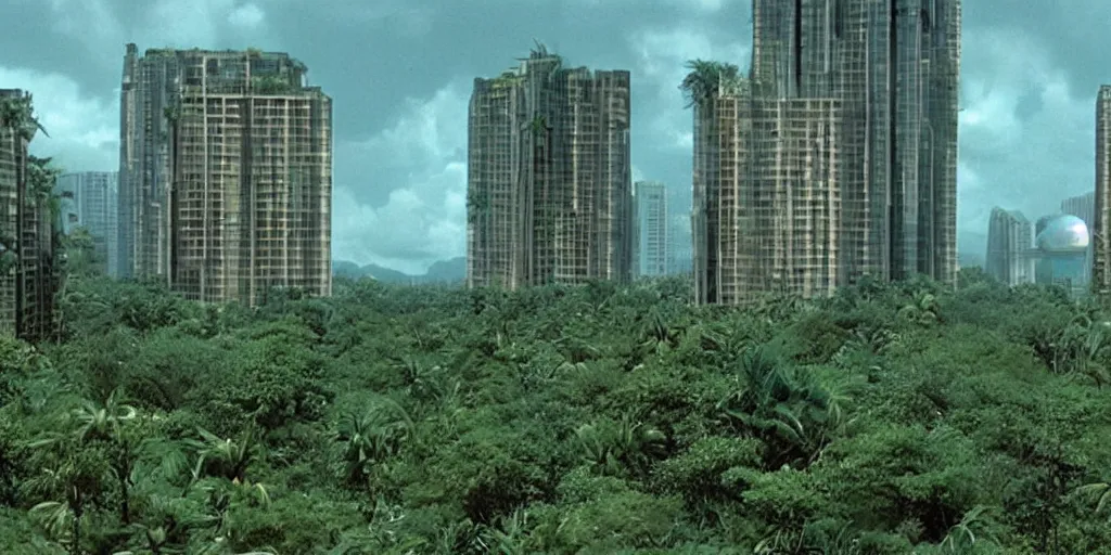 Prompt: a luxury apartment with large windows, 1 9 8 0 s science fiction, windows overlooking a lush alien teal and orange jungle landscape, sci - fi film still, screenshot from a science fiction movie, ridley scott,