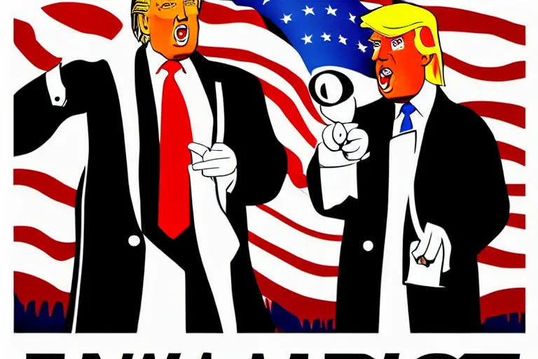 Image similar to poster illustration of donald trump and donald trump wearing trench coats and big black hats starring in spy vs spy