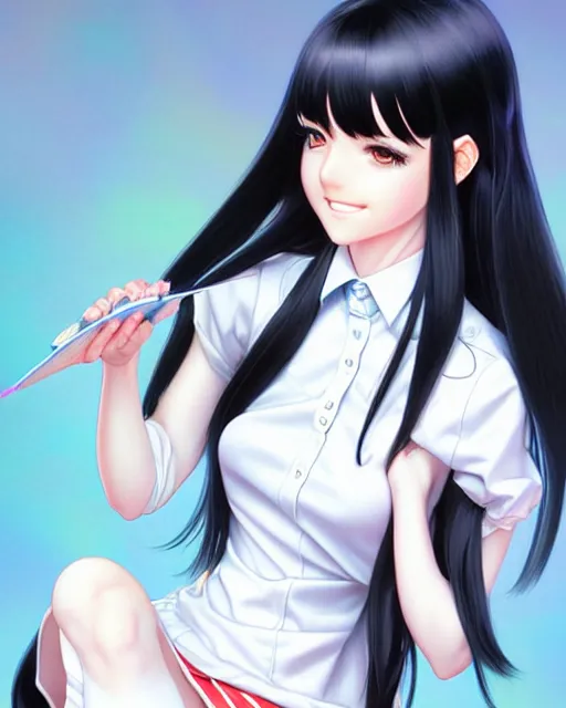 Prompt: depicting a wealthy young mischievous female stoner prep school student with medium length silky straight iridescent black hair and pale skin, illustrated by Artgerm and Range Murata.