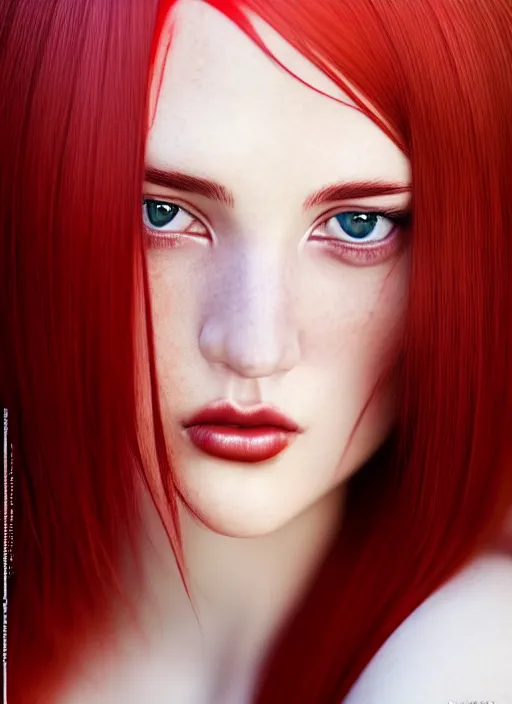 Image similar to photo of gorgeous woman with her right side hair dyed red and left side hair white in the style of stefan kostic, realistic, half body shot, sharp focus, 8 k high definition, insanely detailed, intricate, elegant, art by stanley lau and artgerm, foggy backgeound