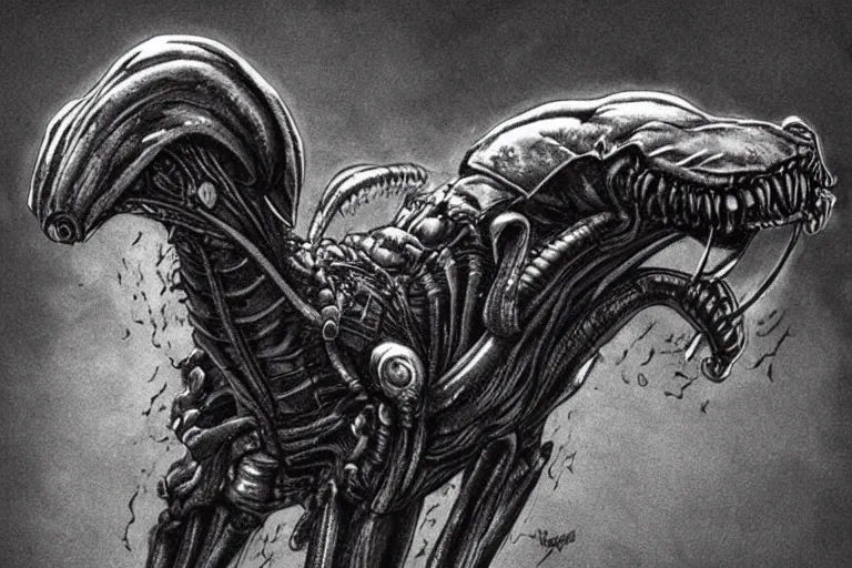 Image similar to a xenomorph dog, a dog designed by hr giger, a dog from the movie alien, hellish, nightmare, terror, horror, hell hound, dog nightmare, dog alien, movie footage, dramatic lighting, dramatic framing