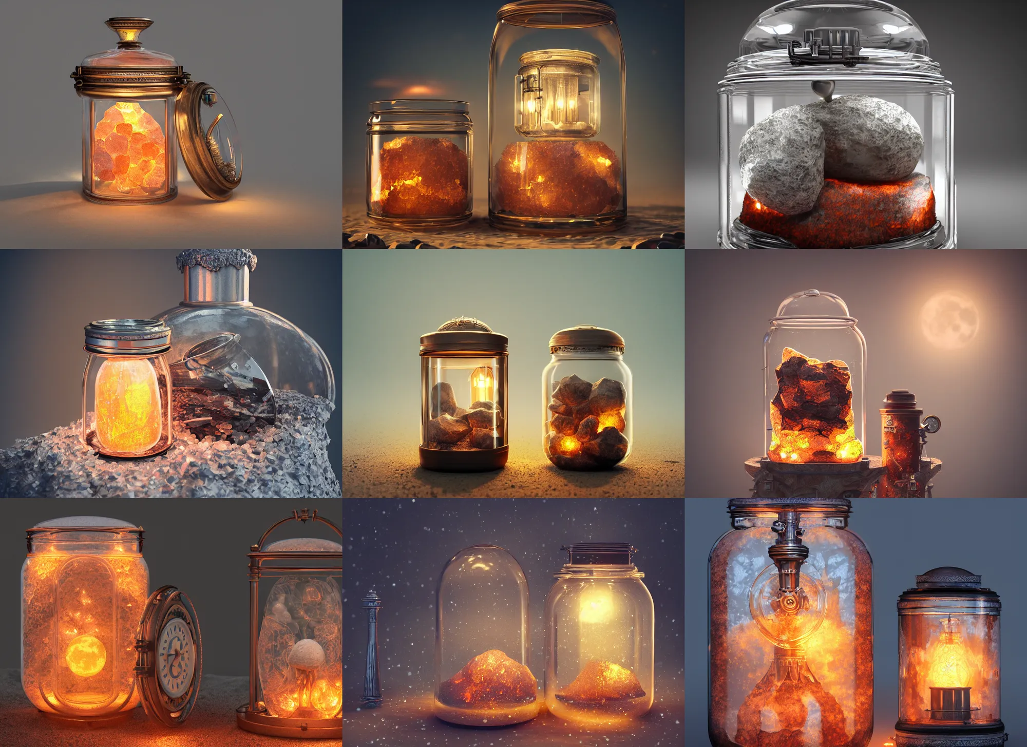 Prompt: steampunk himalayan rocksalt lamp inside a glass jar half - buried in sands of time, intricate detail, hyper detailed, ultra realistic, sharp focus, octane render, lantern, volumetric, ray tracing, artstation trending, moon, fairy cgsociety, sense of awe, swirling mist, moon, 4 k