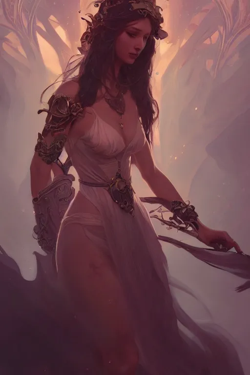 Image similar to beautiful sorceress, accurate anatomy, only two hands, highly detailed, digital painting, artstation, concept art, smooth, sharp focus, illustration, Unreal Engine 5, 8K, art by sakimichan and greg rutkowski and alphonse Mucha