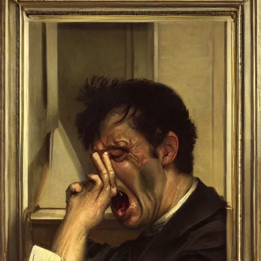 Image similar to an angry man yells at his computer monitor, oil on canvas, 1 8 8 3, highly detailed, high resolution