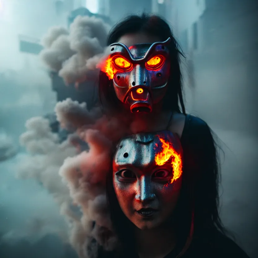 Prompt: a photo close up cyberpunk woman, wearing oni mask, fire dance in cyberpunk dirty alley, smoke mist rain, cyberpunk gunma prefecture, midnight, photorealistic, cinematic color, studio lighting, highly detailed, bokeh, style by tomino - sama