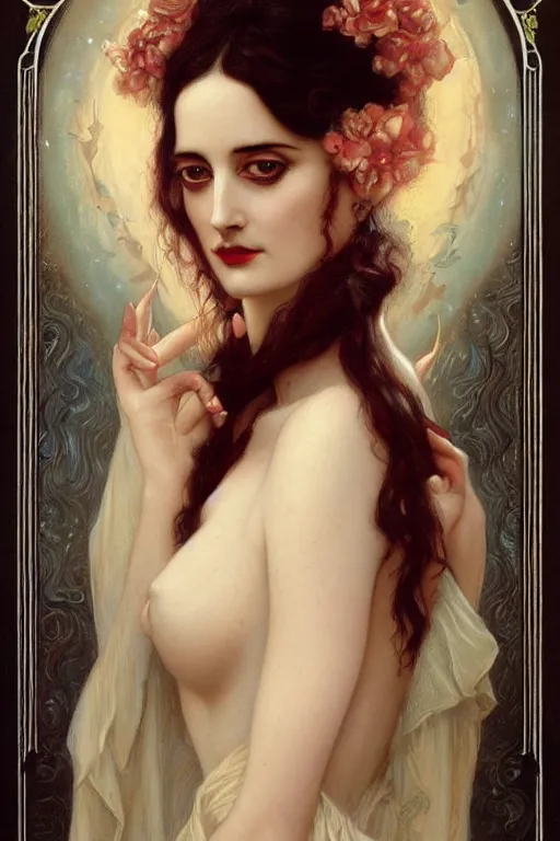 Prompt: Eva Green by Tom Bagshaw in the style of Gaston Bussière, art nouveau