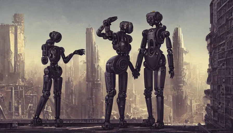 Image similar to Dieselpunk Illustration of two humanoid robots holding hands looking at each other, desolated city of tall buildings in the background by Galan Pang, James Paick, Komatsuzaki retro-futurism, sci fi, dystopian, trending on artstation, masterpiece, concept art, octane render