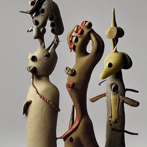 Image similar to weird little clay creatures designed by max ernst,