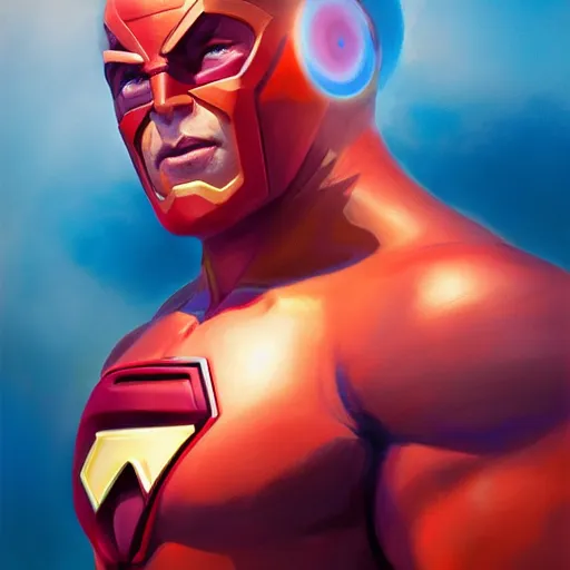 Image similar to omni - man from invincible, nolan grayson, portrait painting, medium shot, asymmetrical, profile picture, organic painting, sunny day, matte painting, bold shapes, hard edges, street art, trending on artstation, by huang guangjian and gil elvgren and ross tran