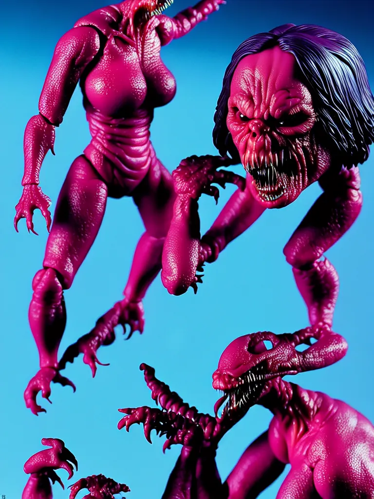 Image similar to hyperrealistic rendering, fat smooth john carpenter flesh monster natalie portman by bernie wrightson and killian eng and joe fenton, product photography, action figure, sofubi, studio lighting, colored gels, colored background