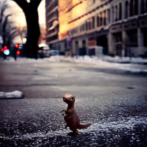 Prompt: a beautiful photo by saul leiter of a tiny dinosaur standing in the street, tiny gaussian blur, insanely detailed, insanely intricate, insanely beautiful, depth of field, low contrast, snowy, wide aperture