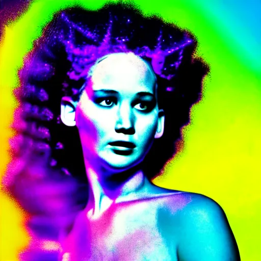 Image similar to jennifer lawrence as the bride of frankenstein, macro photography, glowing retinas, vaporwave, fuscia cyan yellow white light