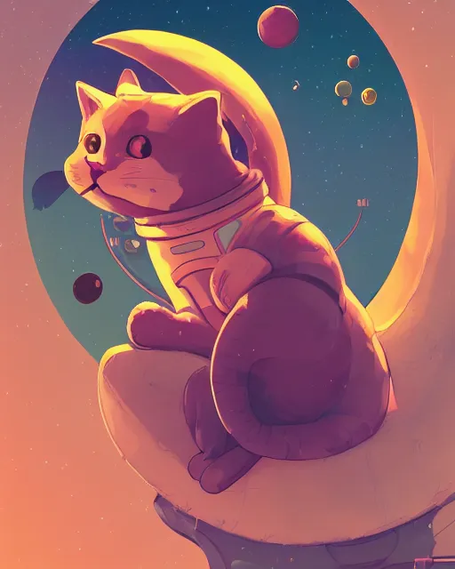 Prompt: wide shoot portrait of cat cosmonaut lie relaxed on a crescent moon between the stars and the planets in outer space, cosmonaut post grunge concept art,high detail,4k, trending on artstation by josan gonzalez, wlop and tyler edlin