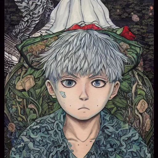 Image similar to beautifil killua zoldyck painted in jacek yerka aykut aydogdu and leslie zhang style drawn by vania zouravliov and takato yamamoto, intricate acrylic gouache painting, high detail, sharp high detail, artstation, manga and anime, detailed face